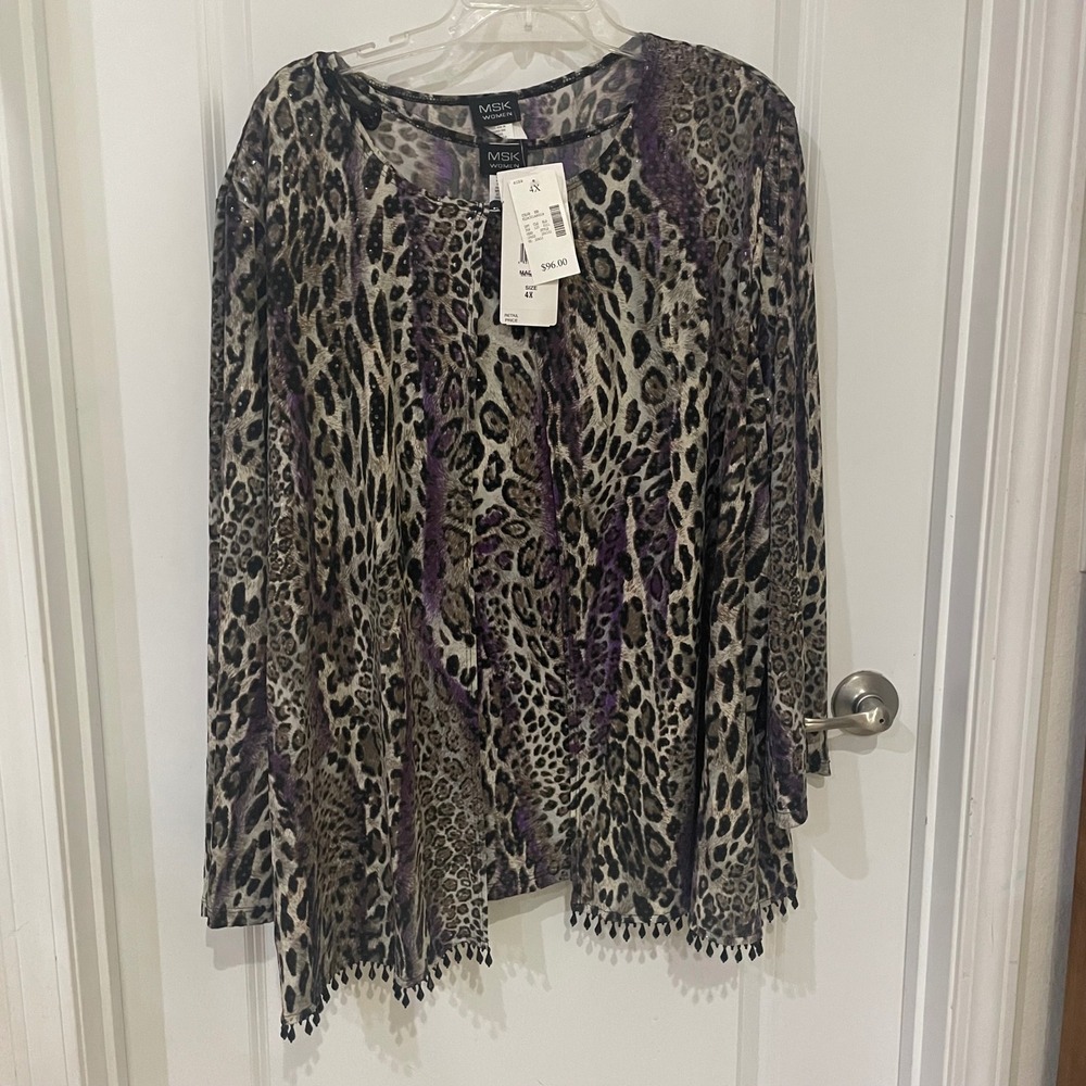 MSK Women Leopard Print 2pc Cardigan Tank Set Purple Sequin Beaded 4X New